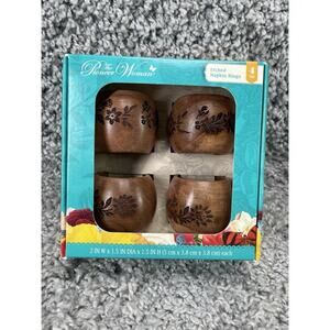 The Pioneer Woman Napkin Rings Floral Etched Wooden Set of 4 Brown New In Box